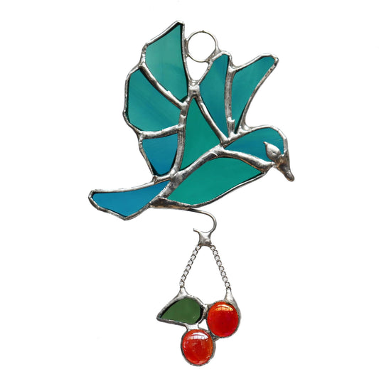 Stained Glass Sun Catcher Bird Carrying Cherries Design