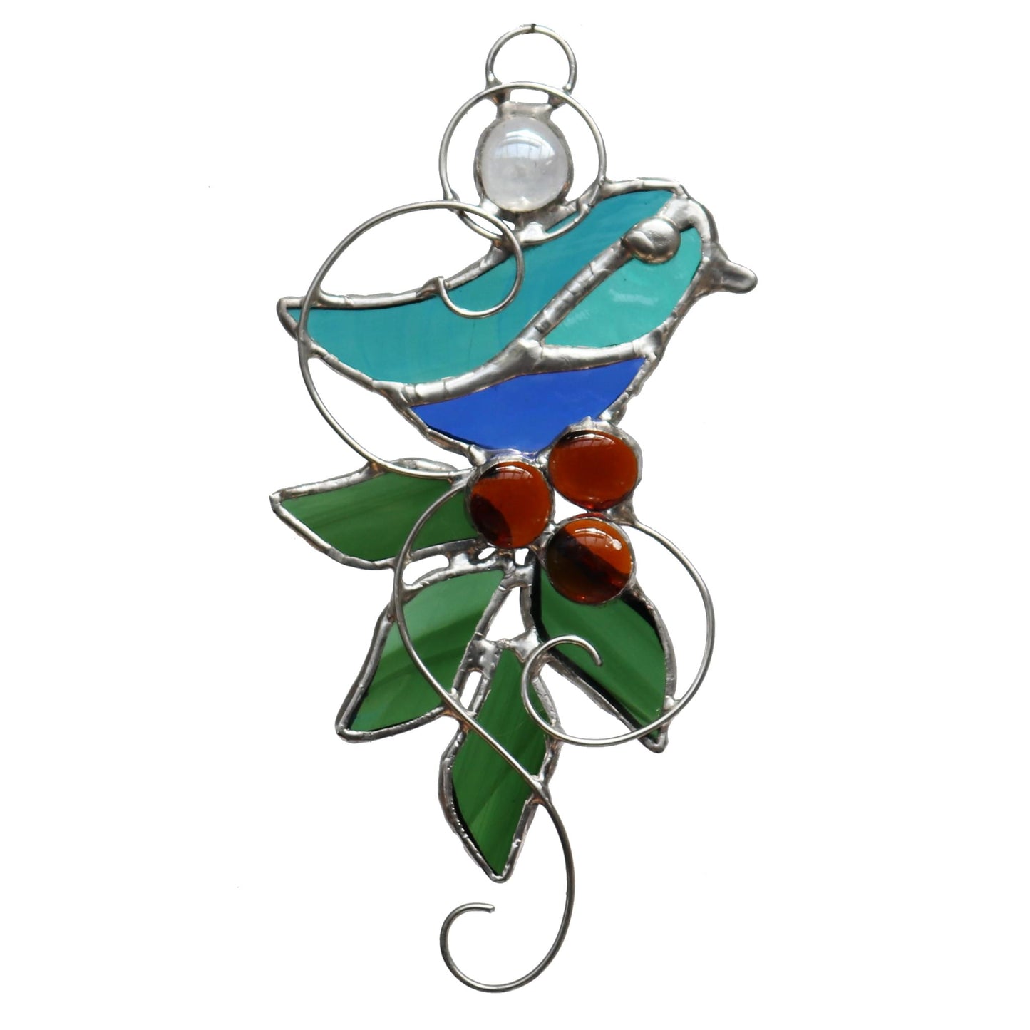 Blue Stained Glass Sun Catcher Bird and Leaves Design