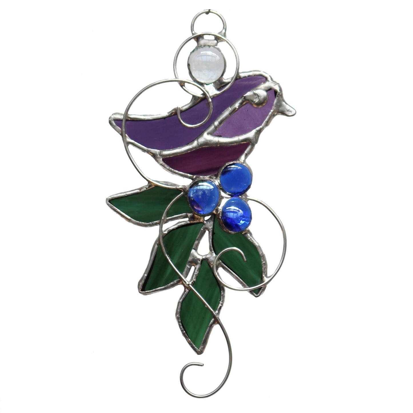 Purple Stained Glass Sun Catcher Bird and Leaves Design