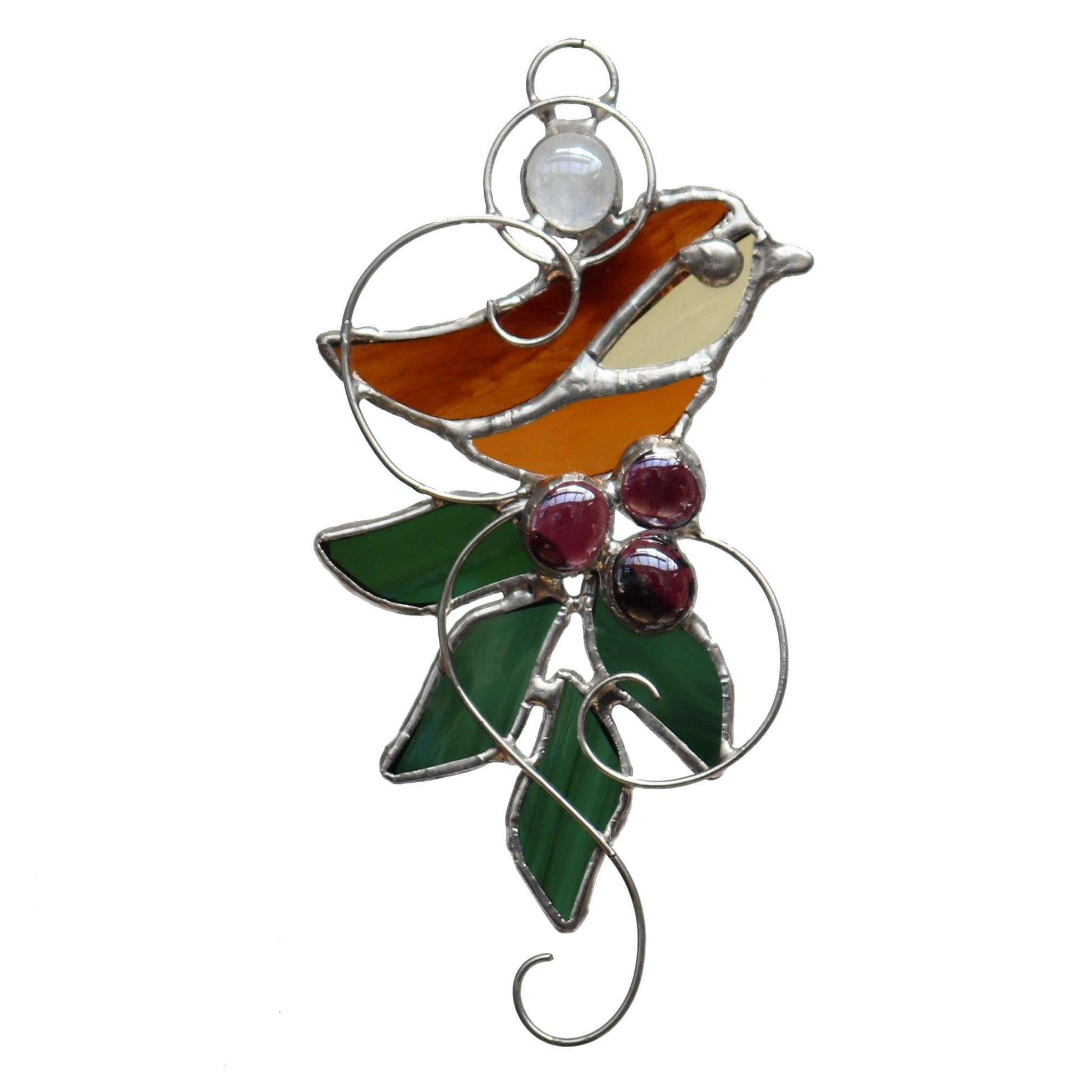 Amber Stained Glass Sun Catcher Bird and Leaves Design